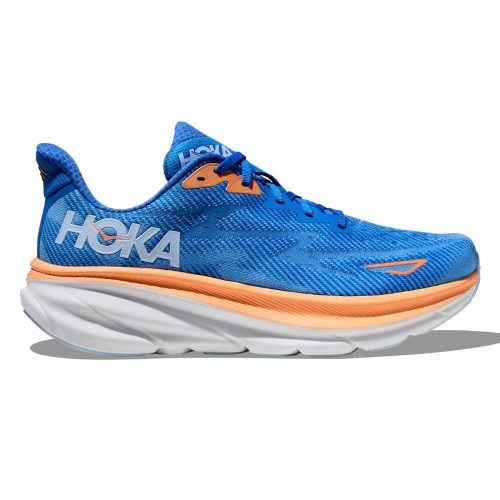 Hoka Men's Clifton 9 Men's Shoes - BlackToe Running#colour_coastal-sky-orange-all-aboard