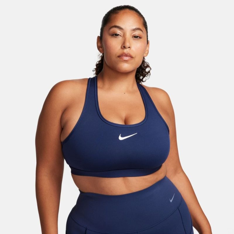 Nike Women's Dri-Fit Swoosh Medium Support Sports Bra - BlackToe Running#colour_midnight-navy-white