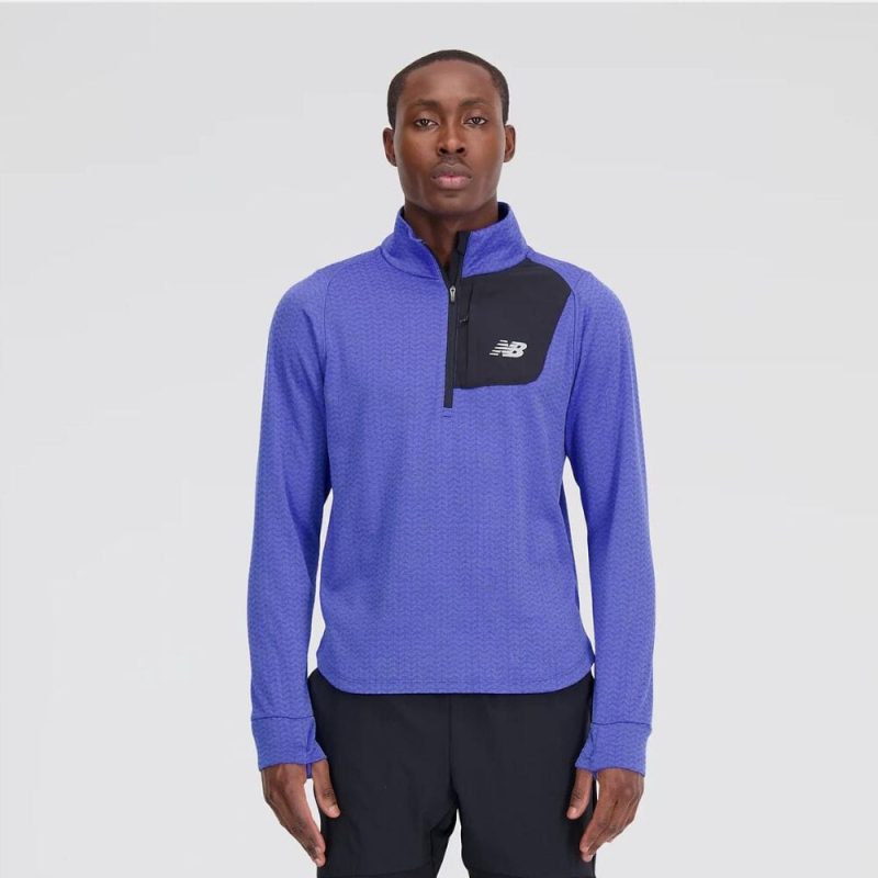 New Balance Men's Heat Grid Half Zip Men's Tops - BlackToe Running#colour_marine-blue-heather