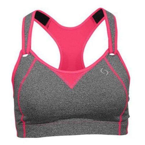 Moving Comfort Rebound Racer Sports Bra - BlackToe Running#colour_charcoal-heather-power-pink