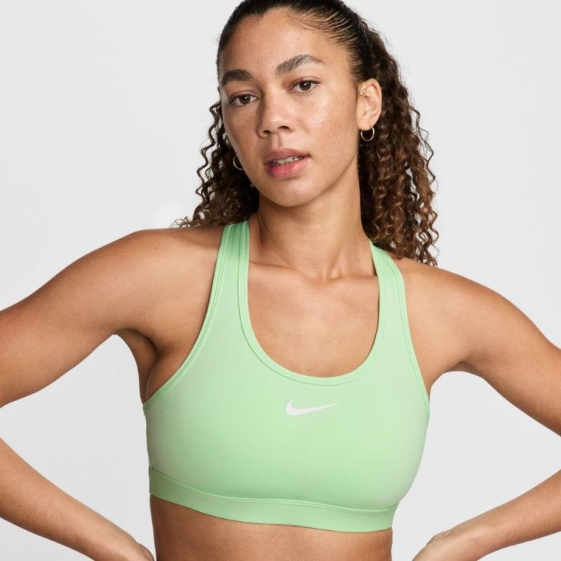 Nike Women's Dri-Fit Swoosh Medium Support Sports Bra - BlackToe Running#colour_vapor-green-white