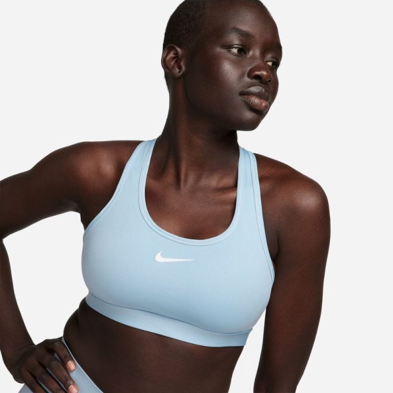 Nike Women's Dri-Fit Swoosh Medium Support Sports Bra - BlackToe Running#colour_armory-blue-white